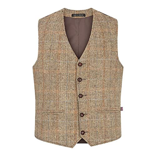 WALKER AND HAWKES Herren Country-Weste - Klassisch Schottisch aus Harris-Tweed - Fischgrätmuster- Overcheck-Tartanmuster - Sandweiß - EU 60 (UK 50)