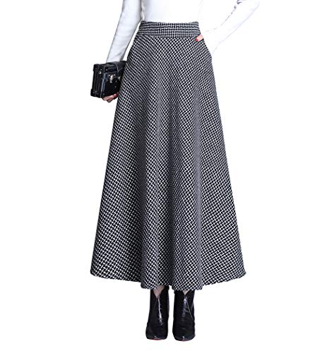 Damen Lang Rock Winter Warm Wollrock Vintage Elegante Gitter Rock Casual Winterrock Elastische Taille A-Linie Midi Rock Hohe Taille Rock Faltenrock Schwarz-XXXL