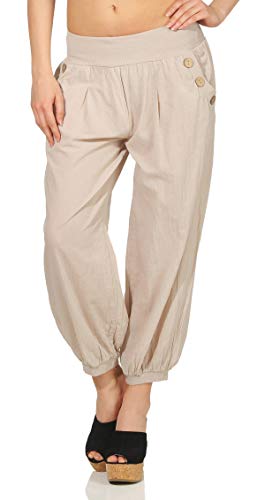 Mississhop 297 Damen leichte einfarbige Hose Sommerhose Haremshose Ballonhose Pluderhose Pumphose Aladinhose Sommer Uni Baggy Pants Beige