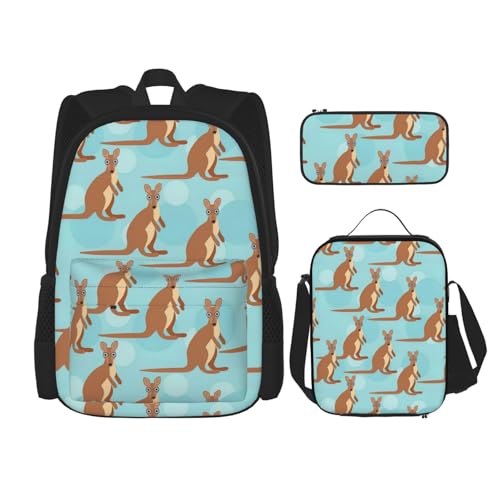 WURTON Funny For Kangaroo 3-in-1 Büchertaschen-Set, verstellbarer Schulter-Rucksack, Lunch-Tasche, Federmäppchen, Beutel, Box, Schwarz, Einheitsgröße