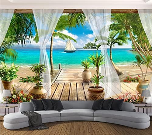 XLMING Balkon Strand Meerblick Küche Esszimmer Arbeitszimmer Wohnzimmer TV Hintergrund Wand 3D Tapete-350cm×256cm