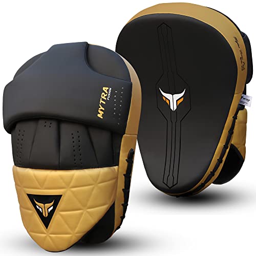 Mytra Fusion Box Pratzen Gebogen Kickboxen Pratzen MMA, Muay Thai, Kampfkunst, Schlagen, Karate Training Handpratzen (Black/Gold)