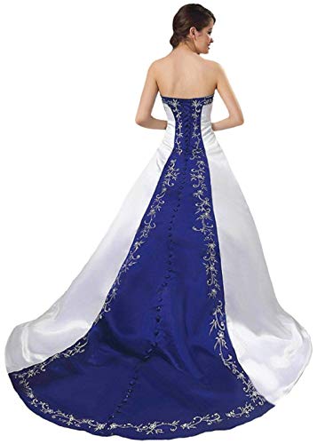 Zorayi Damen Vintage Trägerlos Perlen Stickerei Satin Hochzeitskleid Brautkleider Weiß & Blau Größe 44