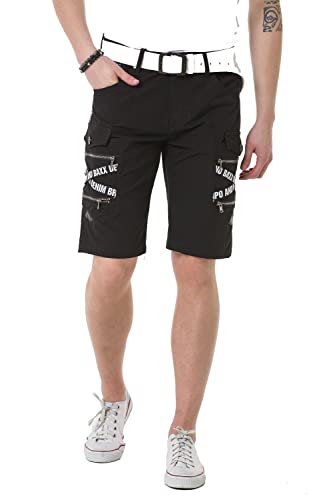 Cipo & Baxx Herren Cargo Shorts Denim Jeans Bermuda Kurzehose Capri Markenschriftzüge CK253 Schwarz W33