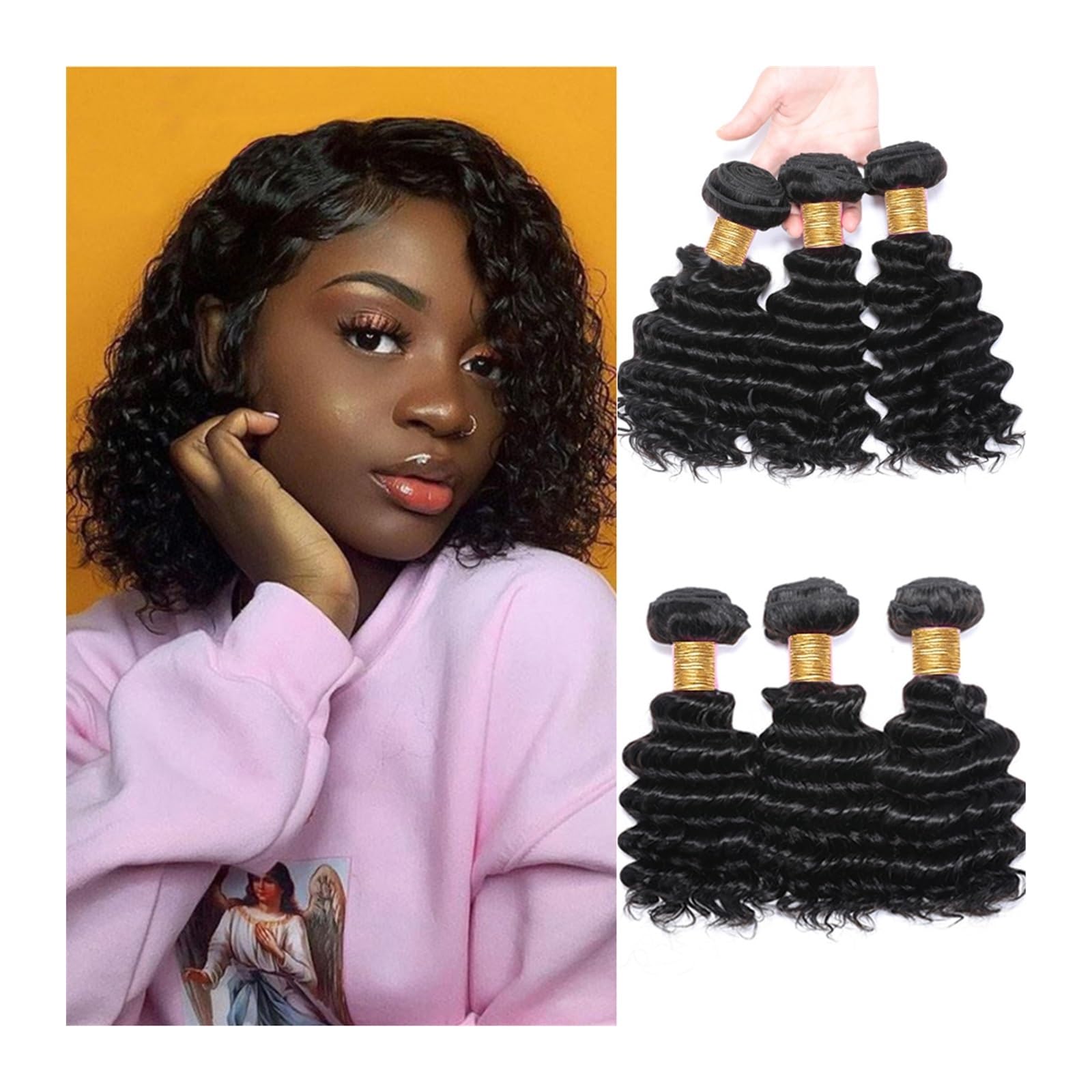 Human Hair Bundles 12A Tiefe Welle Bundles Brasilianische Menschliche Haarwebart Erweiterung Lockiges Wellenförmiges Menschliches Haar Bundles 100% Remy Haar Extensions human hair weave (Size : 12A,