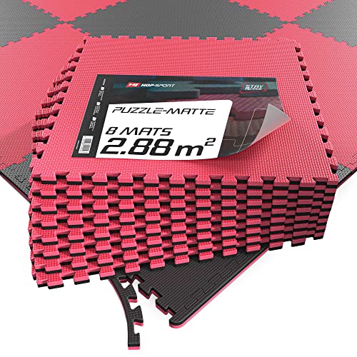 Hop-Sport Puzzlematte 4er, 8er, 12er Set zur Auswahl - Extra Dicke Unterlegmatte für Fitnessgeräte als Rutschfester Bodenschutz - Größe 60 x 60 x 2 cm (schwarz/rot 8 Stück)