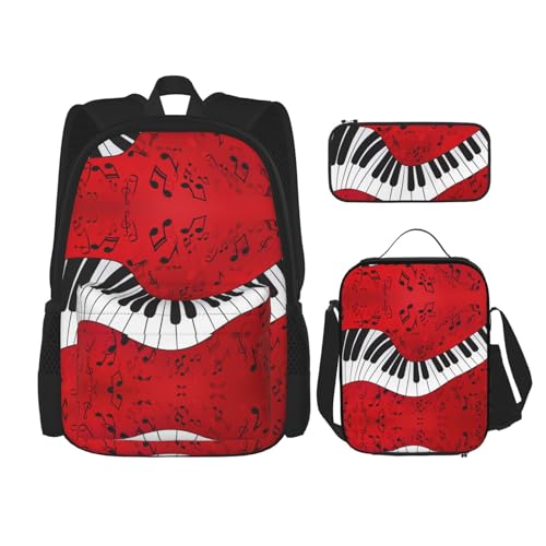 WURTON 3-in-1-Set mit Musiknoten-Klavierdruck, lässig, verstellbarer Schulter-Rucksack, Lunch-Tasche, Federmäppchen, Beutel, Schwarz, Einheitsgröße