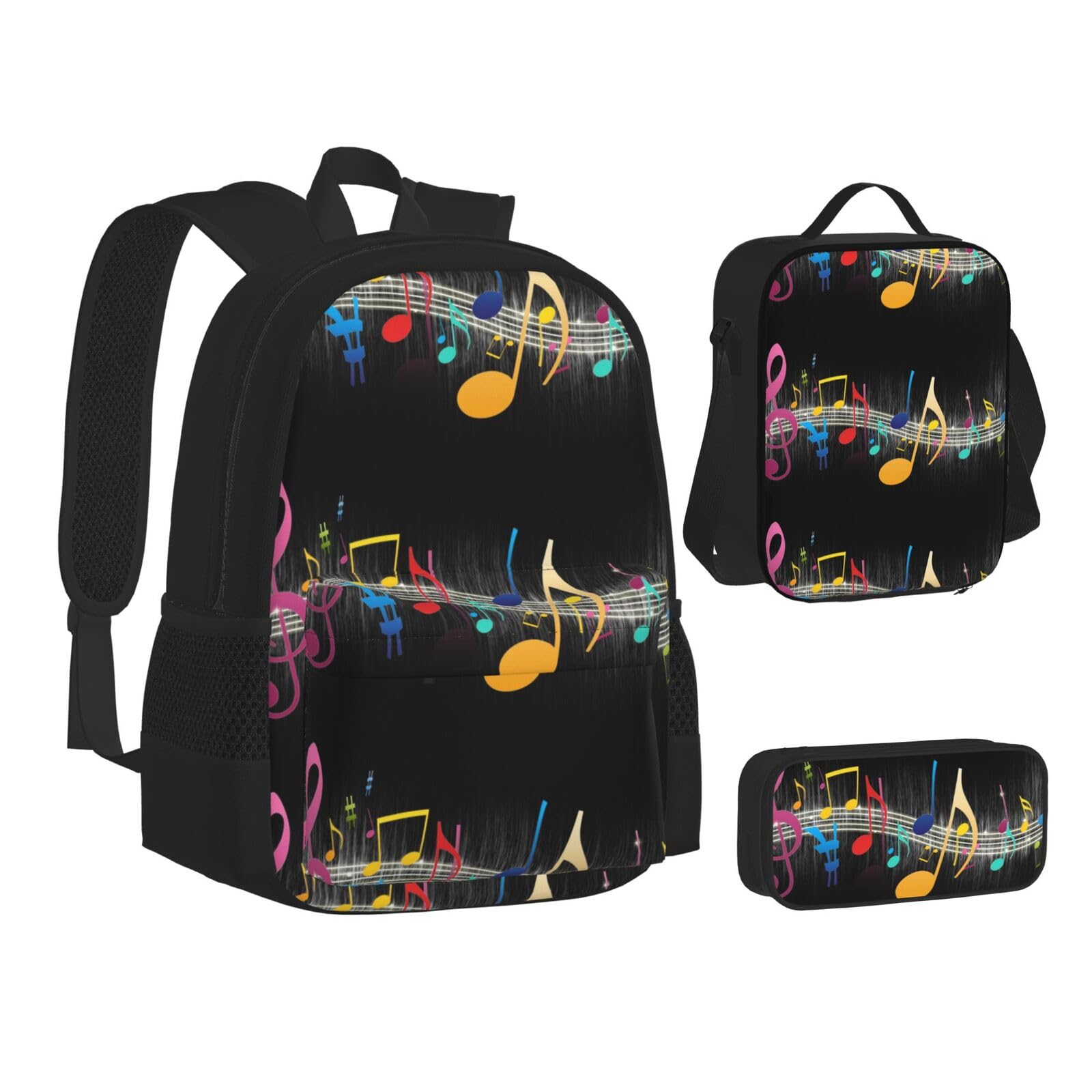 WURTON Farbenfrohes Rucksack-Lunchbox-Set mit Musiknoten-Druck, 3-in-1-Büchertasche und Federmäppchen, passende Kombination, Schwarz, Einheitsgröße