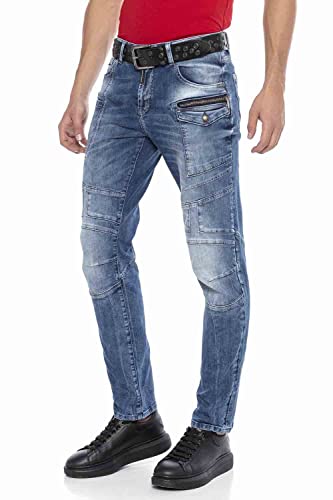 Cipo & Baxx Herren Jeanshose Straight Leg Ziernähte Casual Denim Designer Hose CD577 Blau W36 L34