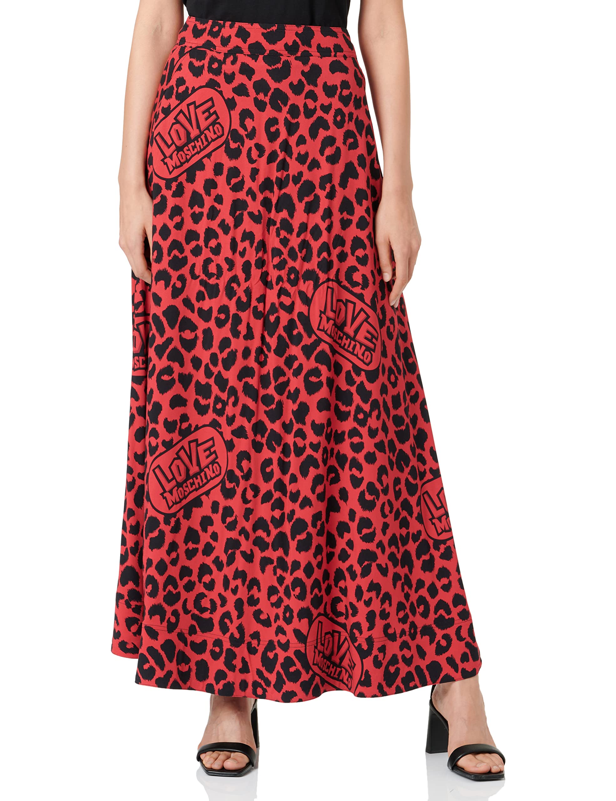 Love Moschino Damen lopng skirt with animalier allover print, Red Black, 46 EU