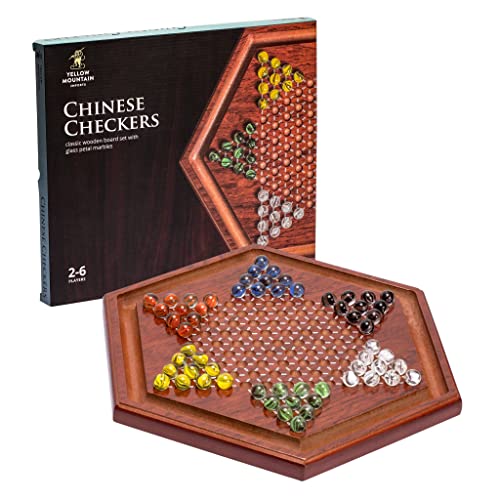 Yellow Mountain Imports Hölzernes Chinesisches Dame Brettspiel-Set - 34,5 Zentimeter - mit 60 farbigen Glasmurmeln im Blütenblattstil (16 millimeter)