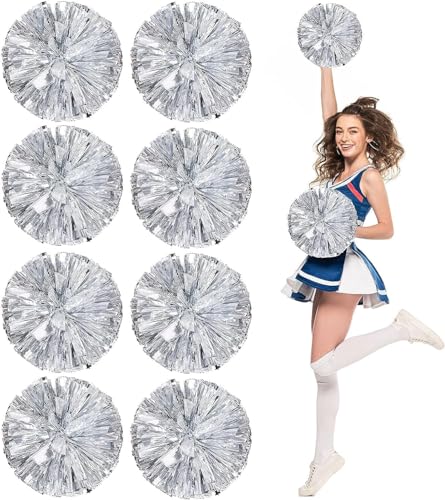 8er-Pack Pom Poms Cheerleading, Flauschige Cheerleader-Pompons mit fingerfreundlichem Ring, metallische Pom Poms Cheerleading für Kinder Erwachsene Sportwettbewerb Feiertagsfeier, silberfarb