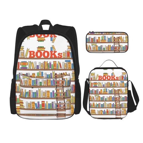 WURTON Lustige Bücherregale Sammlung und Leiteraufdruck, 3-in-1 Büchertaschen-Set, verstellbarer Schulter-Rucksack, Lunch-Tasche, Federmäppchen, Beutel, Schwarz, Einheitsgröße