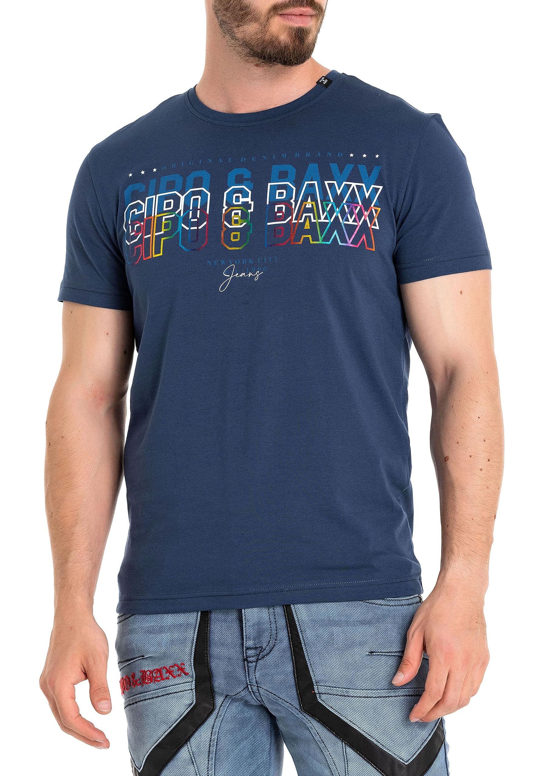 Cipo & Baxx Herren Slim Fit T-Shirt Logo Print Freizeitshirt Tops Baumwolle Rundhalskragen CT717 Dunkelblau XXL