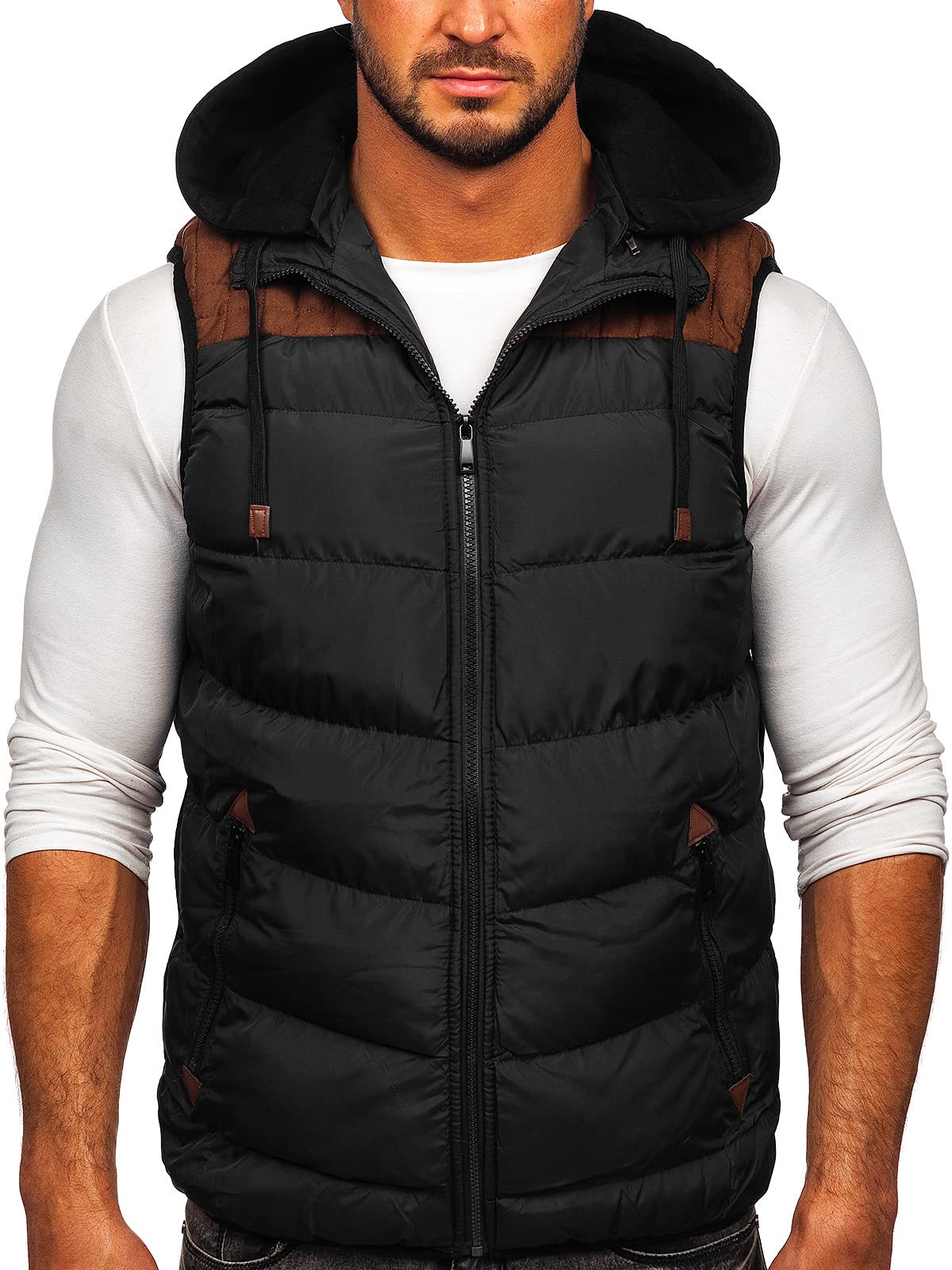 BOLF Herren Weste mit Kapuze Steppweste Bodywarmer Kapuzenweste Daunenweste Reißverschluss Weste Ärmellose Sportweste Zip Wärme Freizeit Outdoor Style B5382 Schwarz L [1U1]