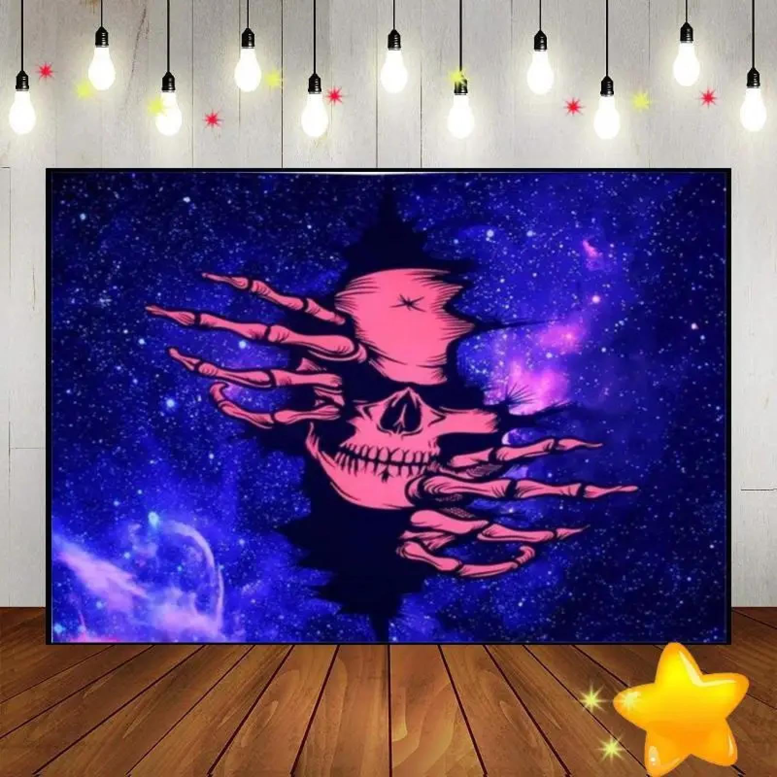 Totenkopf Schwarzlicht Wandteppich Reaktiv Party Glühen Dunkel Trippy Sternenhimmel Hintergrund Fotografie Dekoration Baby Dusche 350x230cm