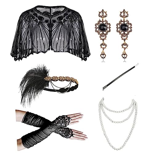 SANRLO Stirnbänder, Haar-Accessoires für Damen, Vintage-Stil, 1920er-Jahre, Flapper Gatsby, Kostümzubehör-Set, Feder-Stirnband, Halskette, Ohrringe für 20er-Jahre Cocktail-Party