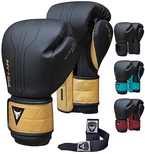 Mytra Fusion Boxhandschuhe Im Lieferumfang von Free Hand Wraps enthalten Box Handschuhe MMA Training Muay Thai Handschuhe Männer & Damen Kickbox Handschuhe (12-oz, Black/Gold)