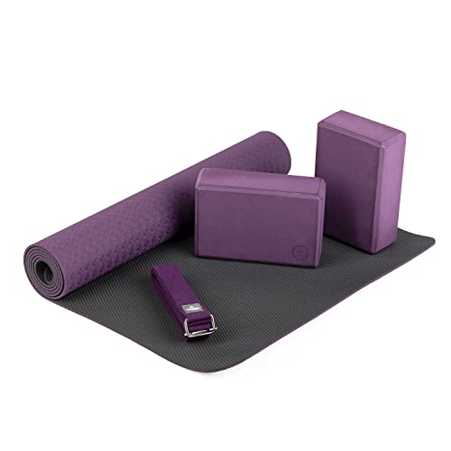 Bodhi Yoga-Set Flow, 1 Yogamatte aus TPE, 2 Yoga-Bricks aus Eva (Moosgummi), 1 Yoga-Gurt aus Baumwolle, Einsteiger-Set für Yoga-Anfänger (lila)