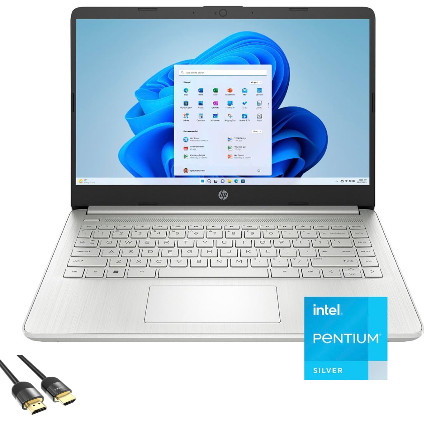 HP Laptop für Business & Studenten 14 Zoll HD entspiegeltes Display Pentium N5030 (bis zu 3,1 GHz), 16 GB RAM, 1 TB SSD, lange Akkulaufzeit, Webcam, BT, USB-C, HDMI, SD-Kartenleser, PDG HDMI-Kabel,