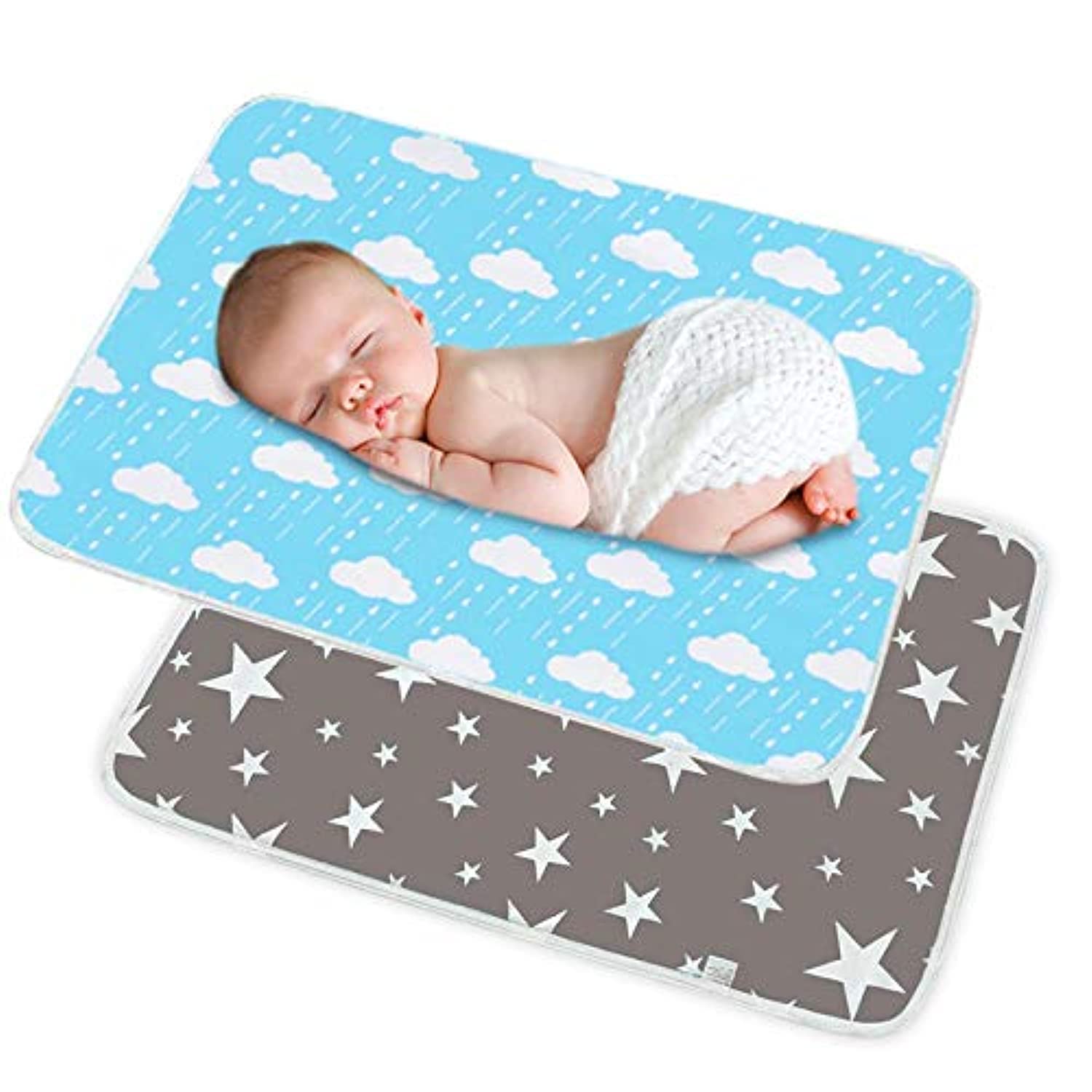 SACONELL Tragbare Baby-Wickelunterlage, 50 cm x 70 cm, für Neugeborene und Kleinkinder, wasserdicht, wiederverwendbar, multifunktional, Reisen (Grau & Blau), 2 Stück