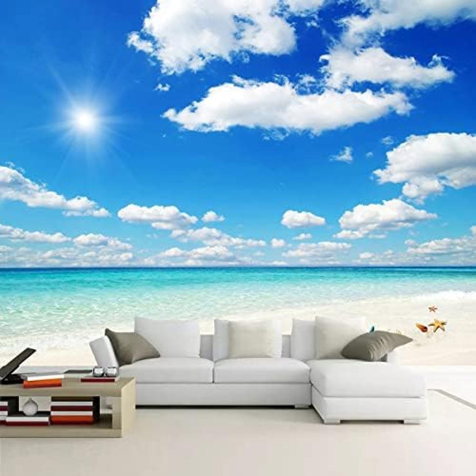 XLMING Blauer Himmel, Weiße Wolken, Strandlandschaft Am Meer 3D Tapete Wohnzimmer Sofa Schlafzimmer Esszimmer Home Dekoration Wand-350cm×256cm