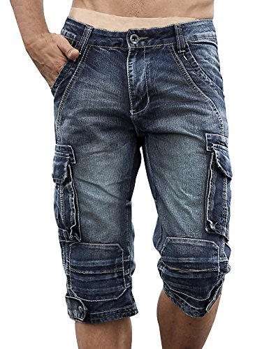 Idopy Herren Cargo-Denim Biker Jeans-Shorts mit Reißverschluss, Blau, 32W/18L