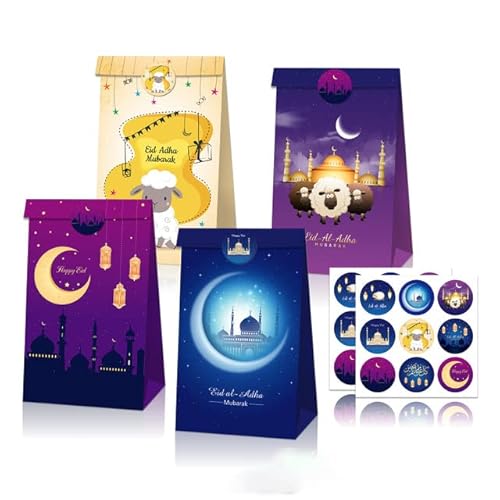 12 Stück 22 * 12 * 8 cm Eid Mubarak festliche Geschenkverpackungsbeutel Süßigkeiten Kekse Kraftpapiertüte Ramadan Kareem Wohnkultur Einkaufstaschen-C,22 12 8