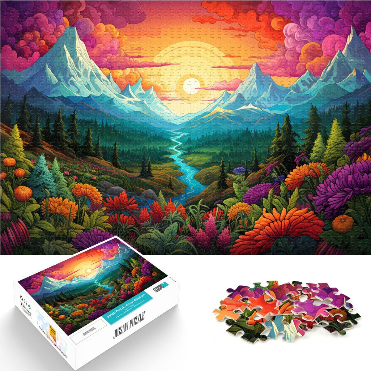 Puzzlespiele „Bunte Blumen und Berge“ Das 1000-teilige Holzpuzzle für Erwachsene ganze Familie und die 1000 Teile (50 x 75 cm)