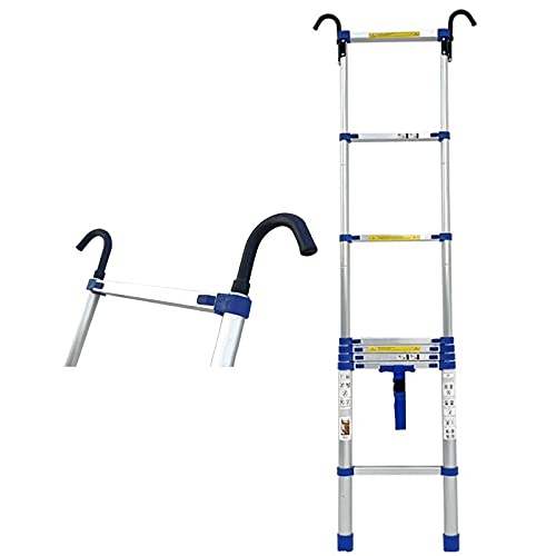 RASOANOA Blaue Hochleistungs-Teleskopleiter mit Haken, 2 m/2,7 m/3,1 m/3,5 m/3,9 m/4,6 m/5 m hoch, zusammenklappbare Teleskopleitern für Zuhause/im Freien Ambitious