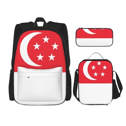 WURTON Singapur-Flaggen-Druck, Reise-Lunchbox, Federmäppchen, Rucksack-Set, 3-teilig, verstellbare Riemen, leicht, Schwarz, Einheitsgröße