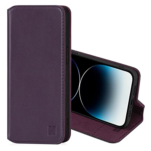 32nd Klassische Series 2.0 - Lederhülle Case Cover für Apple iPhone 13 Pro (6.1"), Echtleder Hülle Entwurf gemacht Mit Kartensteckplatz, Magnetisch und Standfuß - Aubergine