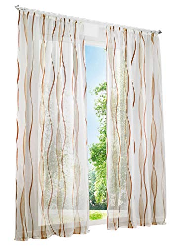 1 Stück Gardinen mit Wellen Muster Design Schals Voile Transparent Fenster Vorhang (BxH 140x175cm, Sand mit Kräuselband)