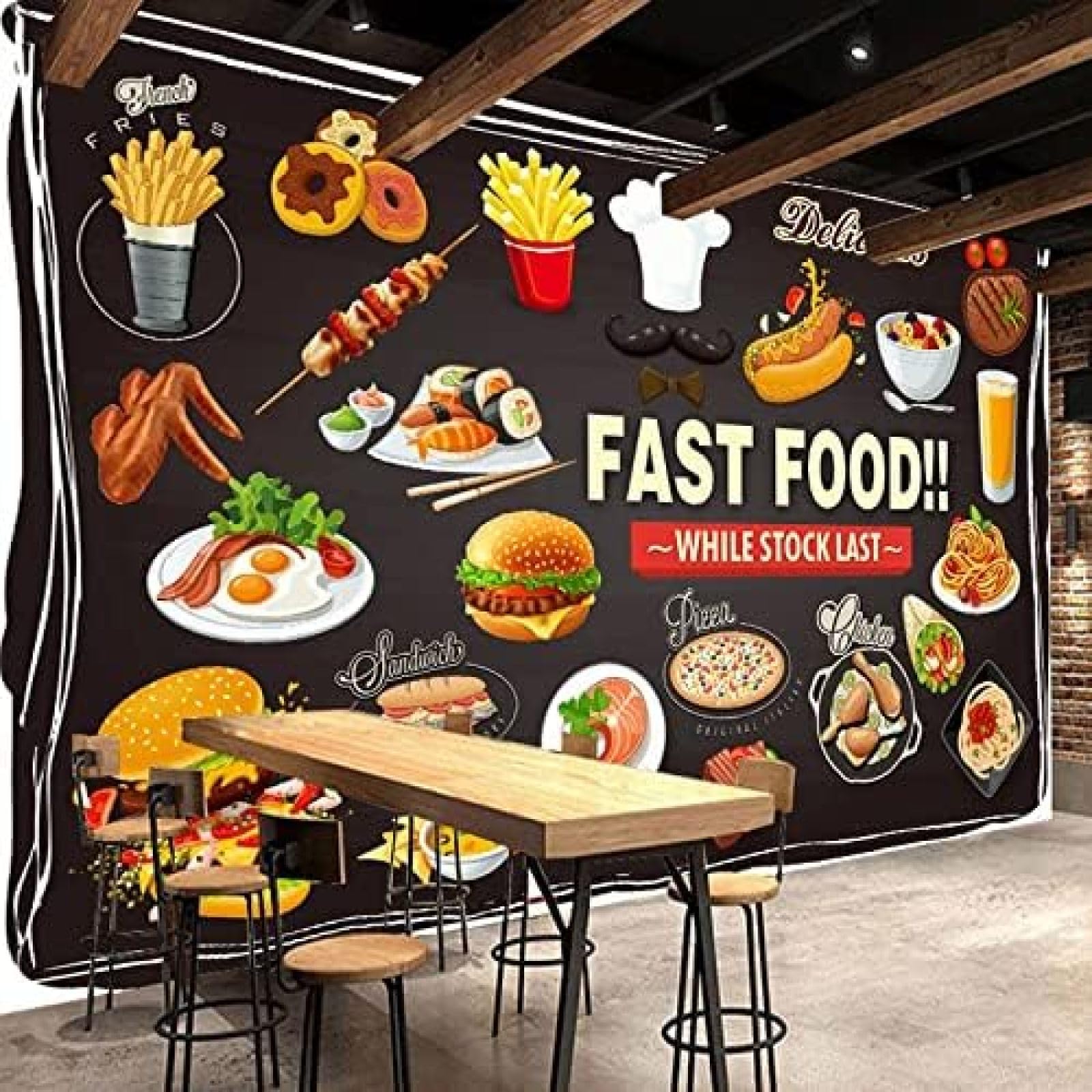 XLMING Fast Food Burger Pizzeria 3D Tapete Wohnzimmer Sofa Schlafzimmer Esszimmer Home Dekoration Wand-150cm×105cm