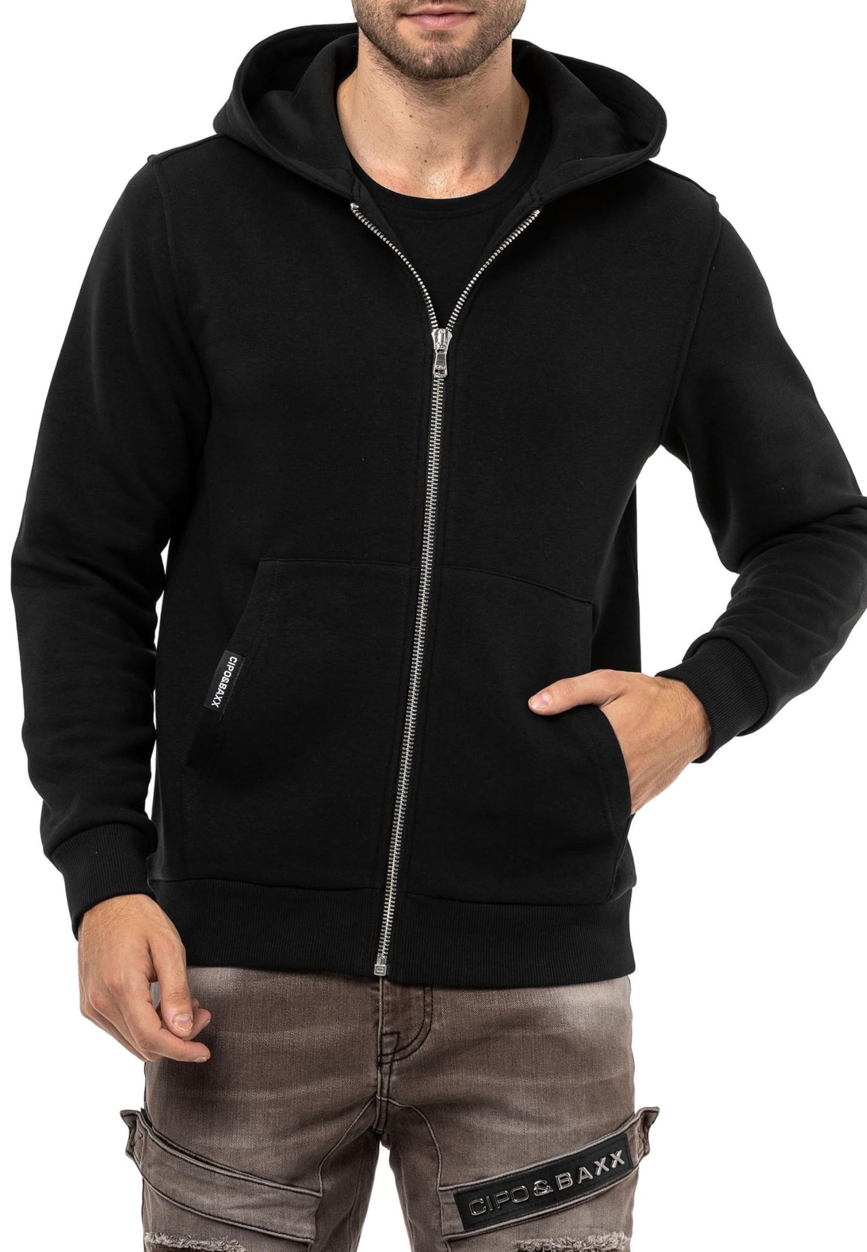 Cipo & Baxx Herren Sweatjacke Sweatshirt Basic Kapuzenpullover Reißverschluss Sweat CL556 Schwarz M