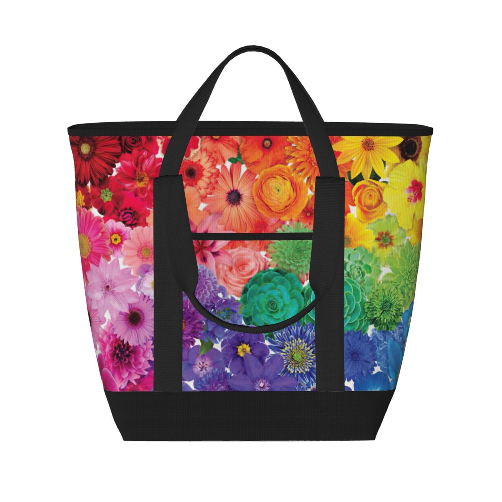 YQxwJL Tragetasche mit Regenbogen-Blumen-Druck, große Kapazität, isolierte Lunchtasche, wiederverwendbare Einkaufstasche mit Reißverschluss für Damen und Herren