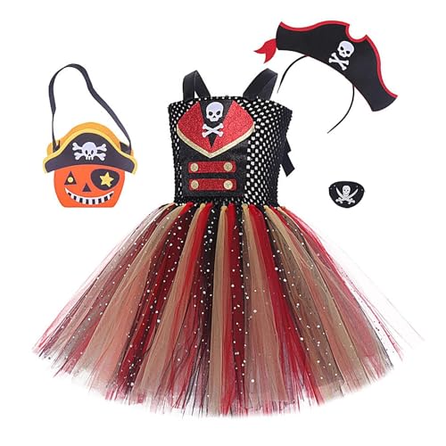 Xasbseulk Piratenkostüm für Mädchen, Piraten-Tutu-Kleid für Halloween, Piraten-Cosplay-Rollenspiel-Set, Dekoration, Zubehör, Halloween-Party, Dress Up für Mädchen 2-12