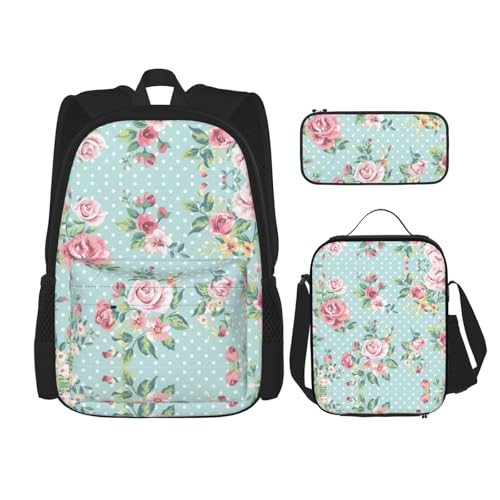 WURTON Schulrucksack-Set mit rosa Rosen und Blumen, mit Lunch-Tasche, Federmäppchen, Kombination, Schultaschen-Set, Schwarz , Einheitsgröße