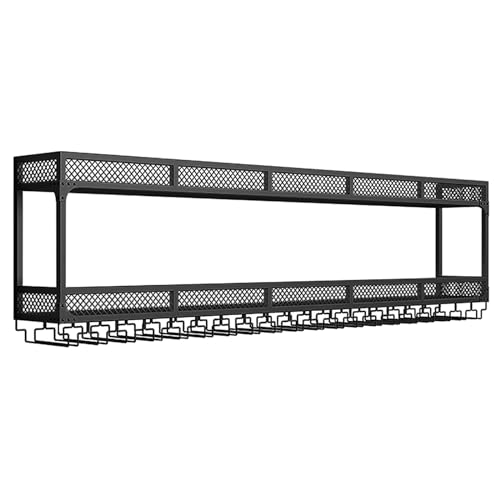 Hängende industrielle runde Weinregale, 2-stöckiges Weinregal zur Wandmontage mit LED-Licht, modernes Weinregal aus Metall, for die Hausbar, das Esszimmer, die Küche, das Wohnzimmer(Black,80x25x54cm)