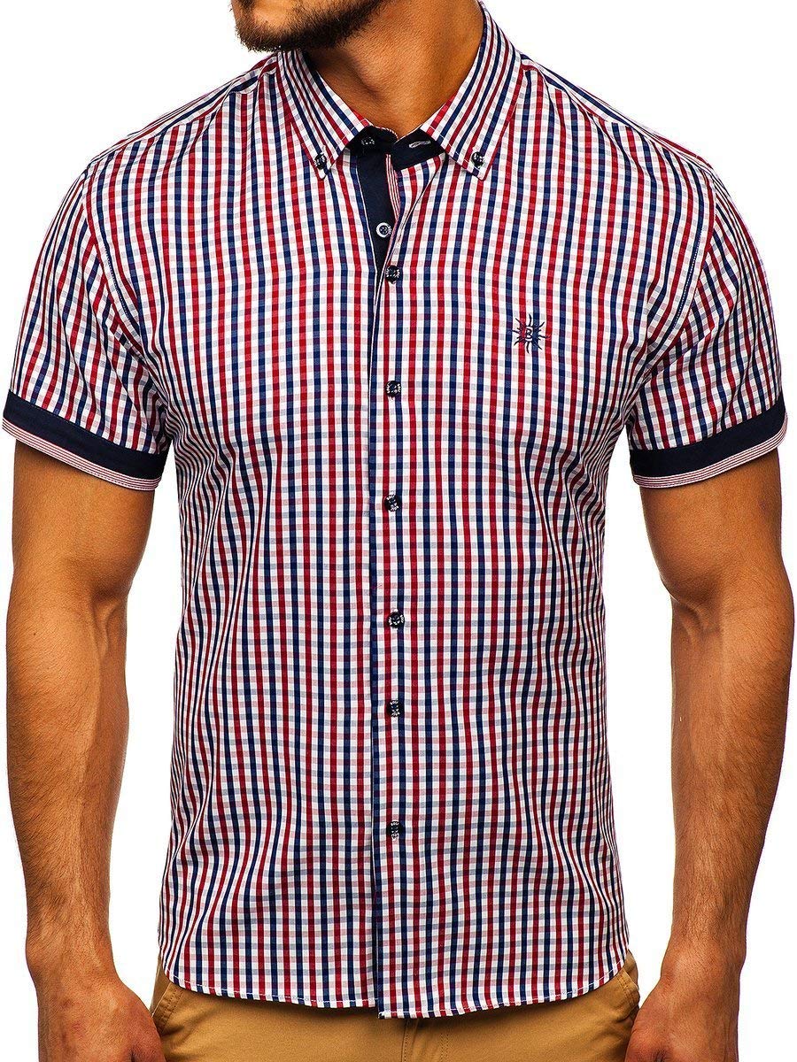 BOLF Herren Hemd Langarm Kariert Trachtenhemd Karo-Look Vichy-Muster Casual Style Freizeit Klassiker 4510 Rot S [2B2]