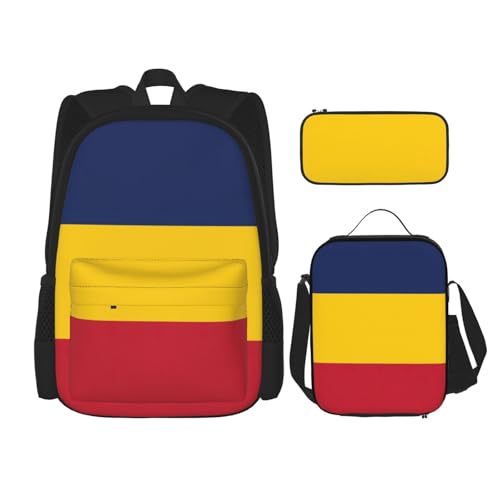 WURTON 3-in-1-Set mit Flaggen-Aufdruck, verstellbarer Schulter-Rucksack, Lunch-Tasche, Federmäppchen, Beutel, Schwarz, Einheitsgröße