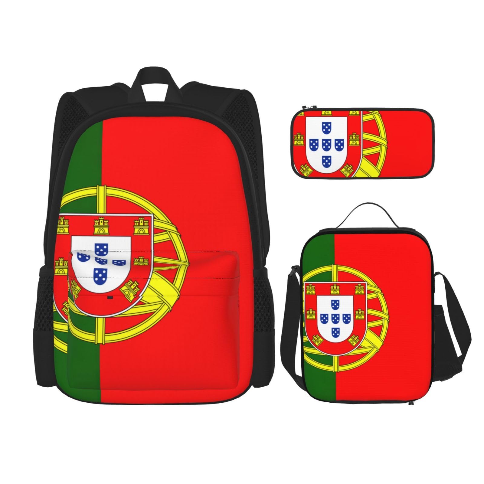 WURTON Portugiesische Flagge, trendiger Rucksack, Tasche, Lunchbox und Federmäppchen, 3-in-1, verstellbares Rucksack-Set, Schwarz, Einheitsgröße, Schwarz , Einheitsgröße