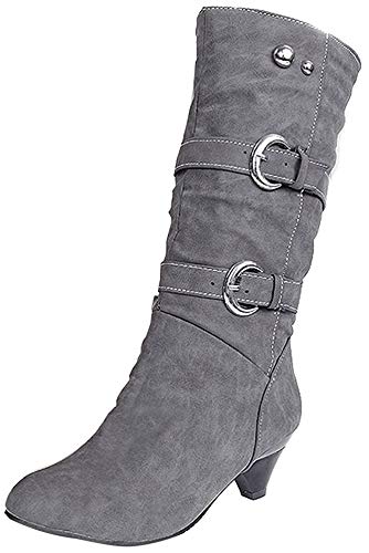 ShallGood Damen Elegant Stiefel Winterstiefel Mittlerer Absatz mit Schnalle Blockabsatz Schuhe Schenkelhoch Outdoor Stiefel Grau EU 39