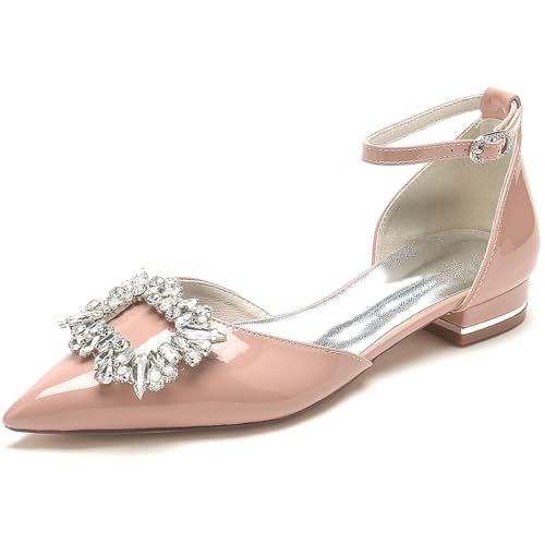 RUIZE Rosa,38,Ballerinas mit geschlossener Spitze für Damen, 2,5 cm, glitzernde Strasssteine, Lackleder, Knöchelriemen, niedriger Absatz, Brautschuhe