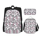 WURTON Floral Skull Print Trendy Rucksack Taschen Lunchbox und Federmäppchen 3 in 1 Verstellbarer Rucksack Set, Schwarz, Einheitsgröße, Schwarz , Einheitsgröße