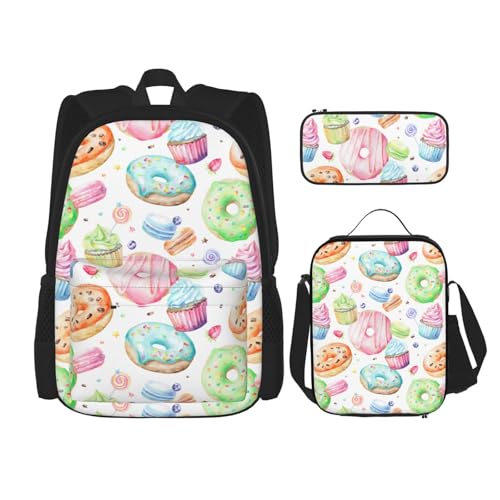 WURTON Cupcakes, Donuts, Muffins, Zucker-Druck, 3-in-1 Büchertaschen-Set, verstellbarer Schulter-Rucksack, Lunch-Tasche, Federmäppchen, Beutelbox