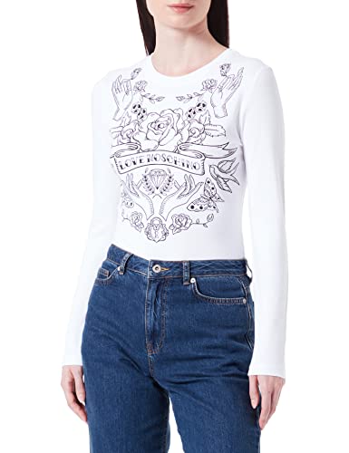 Love Moschino Damen Tight-fitting Long Sleeves With Rose And Hands Print With Transparent Rhinestones T Shirt, Optical White, 38 EU