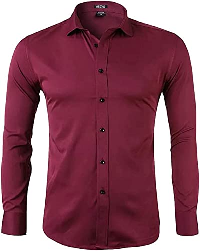 Mr. right Herren Bambus Faser Business Hemden Slim Fit Solide Langarm Beiläufigl Button Down Hemd Klassische Elastische Formale Hemden Für Männer (Weinrot, XL)