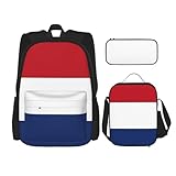 WURTON Trendige Rucksacktaschen mit niederländischer Flagge, Lunchbox und Federmäppchen, 3-in-1, verstellbares Rucksack-Set, Schwarz , Einheitsgröße