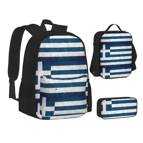 WURTON Büchertasche mit griechischer Flagge, Lunch-Tasche, Federmäppchen, 3-in-1, Schulrucksack-Set, Kinderrucksack